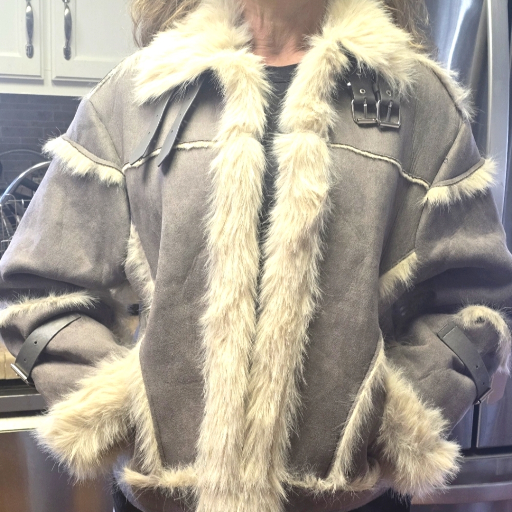 Grey and false fur jacket, medium